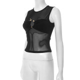 Women Mesh Snake Metallic Embellished Gathered Crop Round Neck Top