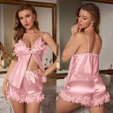 Women's Elegant Lace Slit Camisole and Shorts Pajama Loungewear Set