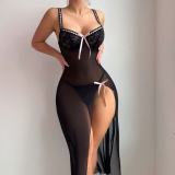 Sexy See-Through Mesh Slit Strap Low Back Long Dress Lingerie