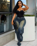 Women's Fashion Washed Distressed Straight-Leg Wide-Leg Denim Cargo Pants
