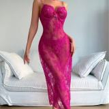 Sexy Lace Mesh See-Through Strap Tight-Fitting Long Dress Lingerie