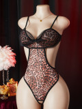 Sexy See-Through Pink Leopard Mesh Open Crotch Bodysuit