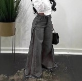 Women's Y2K Blue Washed Patchwork Fringe Wide-Leg Bell Bottom Denim Pants
