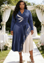Women's Plus Size African Pleated Beaded Slim Waist Elegant Long Dress