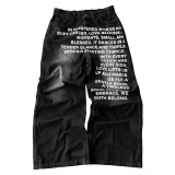 Men's Vintage Letter Print Washed Loose Street Denim Pants