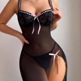 Sexy See-Through Mesh Slit Strap Low Back Long Dress Lingerie