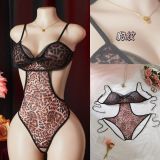 Sexy See-Through Pink Leopard Mesh Open Crotch Bodysuit