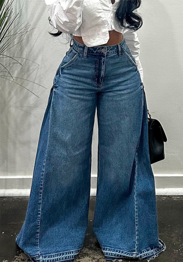 Women's Y2K Blue Washed Patchwork Fringe Wide-Leg Bell Bottom Denim Pants