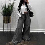 Women's Y2K Blue Washed Patchwork Fringe Wide-Leg Bell Bottom Denim Pants