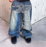 Men's Vintage Letter Print Washed Loose Street Denim Pants
