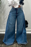 Women's Y2K Blue Washed Patchwork Fringe Wide-Leg Bell Bottom Denim Pants