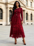 Women's Plus Size African Pleated Beaded Lace Cut-Out Chic Elegant Long Dress