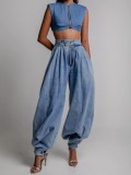 Women's Summer High-Waist Zip Cuffed Casual Loose Denim Pants