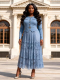 Women's Plus Size African Pleated Beaded Lace Cut-Out Chic Elegant Long Dress