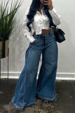 Women's Y2K Blue Washed Patchwork Fringe Wide-Leg Bell Bottom Denim Pants