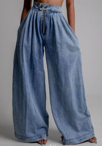 Women's Summer High-Waist Zip Cuffed Casual Loose Denim Pants
