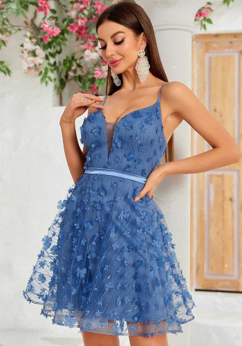 Women's Sleeveless Strap Slim Waist Flared Mini Party Dress