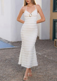 Sexy Textured Halter Neck Low Back V-Neck Slim Fit Holiday Long Dress