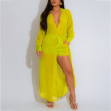 Women's See-Through Long Sleeve Button-Down Side Slit Shirt and Shorts Set