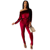 Women Velvet Stretchy Off Shoulder Bat Sleeves Jumpsuit with Belt