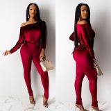 Women Velvet Stretchy Off Shoulder Bat Sleeves Jumpsuit with Belt