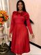 Plus-Size Women Wedding Round Neck Ruffled Long-Sleeved Pleated Red Formal Party Dress