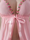 Women sexy mesh floral front-opening nightgown sexy lingerie two-piece set