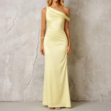 Summer Chic Satin Slash Shoulder Slim Fit Ruched One Shoulder Sexy Long Evening Dress