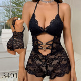 Women sexy Lace See-Through wire-free bodysuit sexy lingerie two-piece set