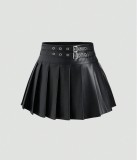 Women Black Pu Leather Pleated Skirt