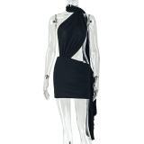 Women patchwork backless solid bodycon lace-up asymmetrical pleated dress