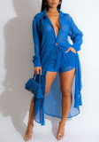 Women's See-Through Long Sleeve Button-Down Side Slit Shirt and Shorts Set