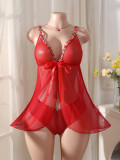 Women sexy mesh floral front-opening nightgown sexy lingerie two-piece set