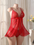 Women sexy mesh floral front-opening nightgown sexy lingerie two-piece set