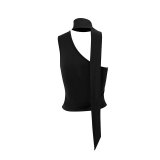 Women American Style Sexy Summer Slash Shoulder Sleeveless Flowy Ribbon Top
