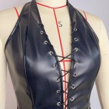 Women Sexy Halter Neck Pu-Leather Lace-Up Bodycon Dress