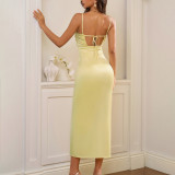 Chic V-Neck Satin Hollow Out Strap Dress Sexy Low Back Lace-Up Slim Waist Slim Fit Midi Dress