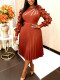 Women Plus Size Brown Floral Ruffle Sleeve Pleated Chic Party Dress