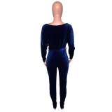 Women Velvet Stretchy Off Shoulder Bat Sleeves Jumpsuit with Belt