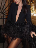 Women Long-Sleeved Fur Turndown Collar v Patchwork Romper