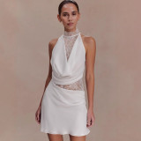 Women's Halter Neck Lace Patchwork Sexy Holiday Style Bodycon Mini Dress