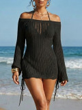 Women's Off Shoulder Solid Cut-Out Drawstring Slim Fit Bodycon Beach Holiday Cover-Up