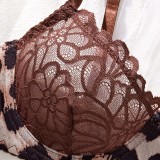 Women Lace Leopard Print Patchwork Underwire Bra Sexy Lingerie Two-Piece Set