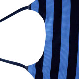 Women American Style Halter Neck Tie Striped Suspender Top and Drawstring Color Block Casual Shorts Two-Piece Set