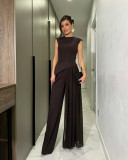 Women Sleeveless Irregular Vest Pleated Wide-Leg Pants Two-Piece Set