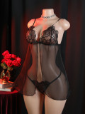 Women embroidered sexy See-Through Lace thong chiffon slip dress sexy lingerie two-piece set