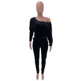 Women Velvet Stretchy Off Shoulder Bat Sleeves Jumpsuit with Belt