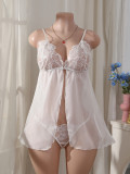 Women embroidered sexy See-Through Lace thong chiffon slip dress sexy lingerie two-piece set