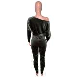 Women Velvet Stretchy Off Shoulder Bat Sleeves Jumpsuit with Belt