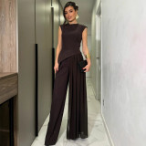 Women Sleeveless Irregular Vest Pleated Wide-Leg Pants Two-Piece Set